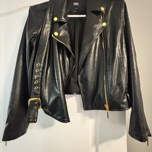 INC International Concepts Black Faux Leather Jacket with Gold Accents